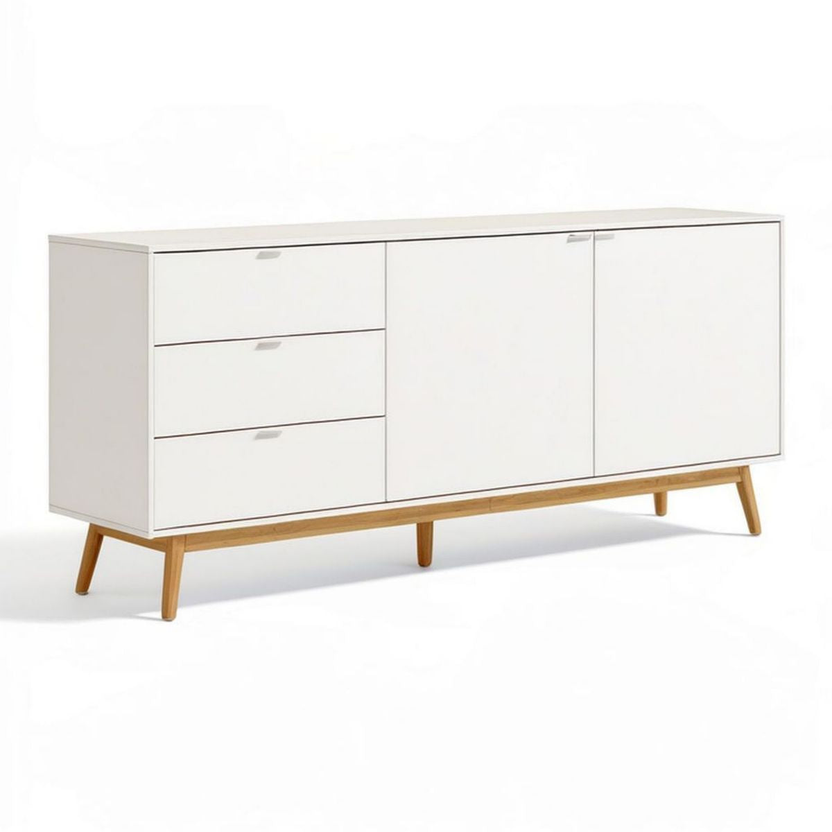 Sideboard mit 3 Schubladen und 2 Türen, Weiss/Naturholz, MDF und Kiefernholz, 160 x 40 x 80 cm