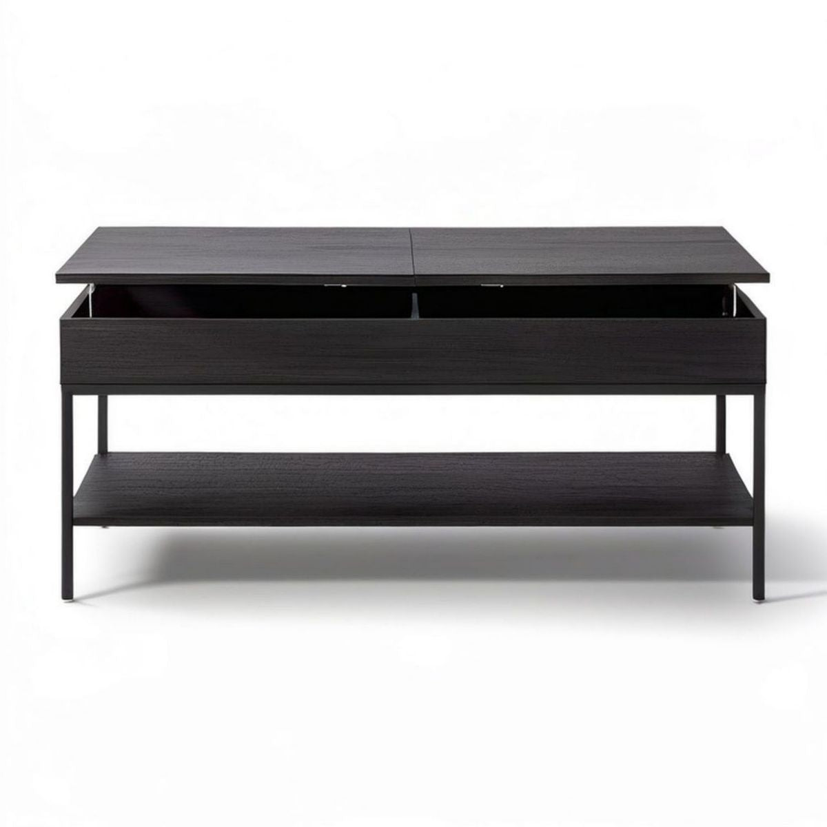 Schwarzer Couchtisch mit 2 Klappdeckeln und Ablage, 120 x 60 x 45 cm
