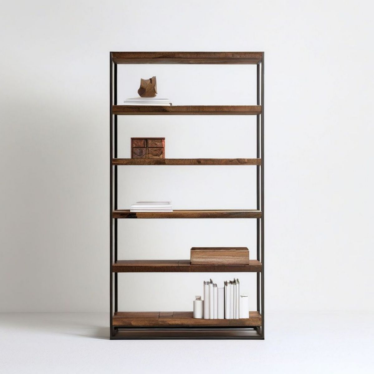 Bücherregal aus Massivholz und Stahl, 80 x 30 x 180 cm, Dunkelbraun/Schwarz, 5 Böden