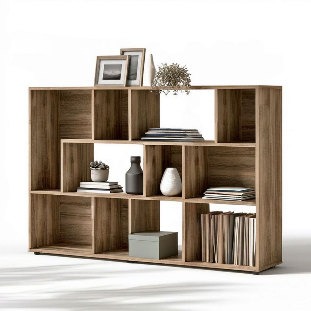Bücherregal als Raumteiler mit 12 offenen Fächern in Walnussbraun, 160 x 30 x 120 cm