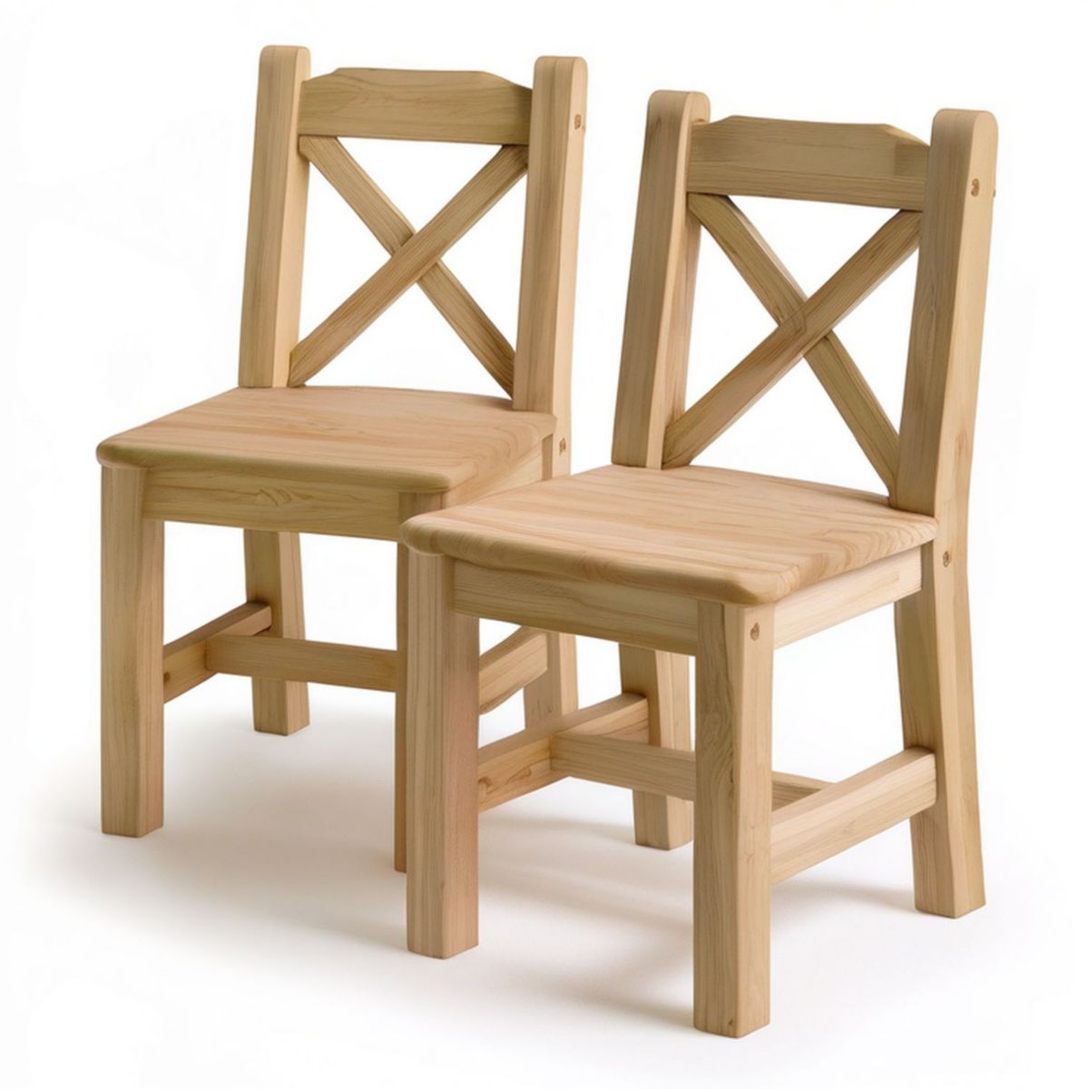 2er-Set Kinderstühle aus massivem Kiefernholz Natur, 30 x 30 x 60 cm, mit Kreuzrückenlehne