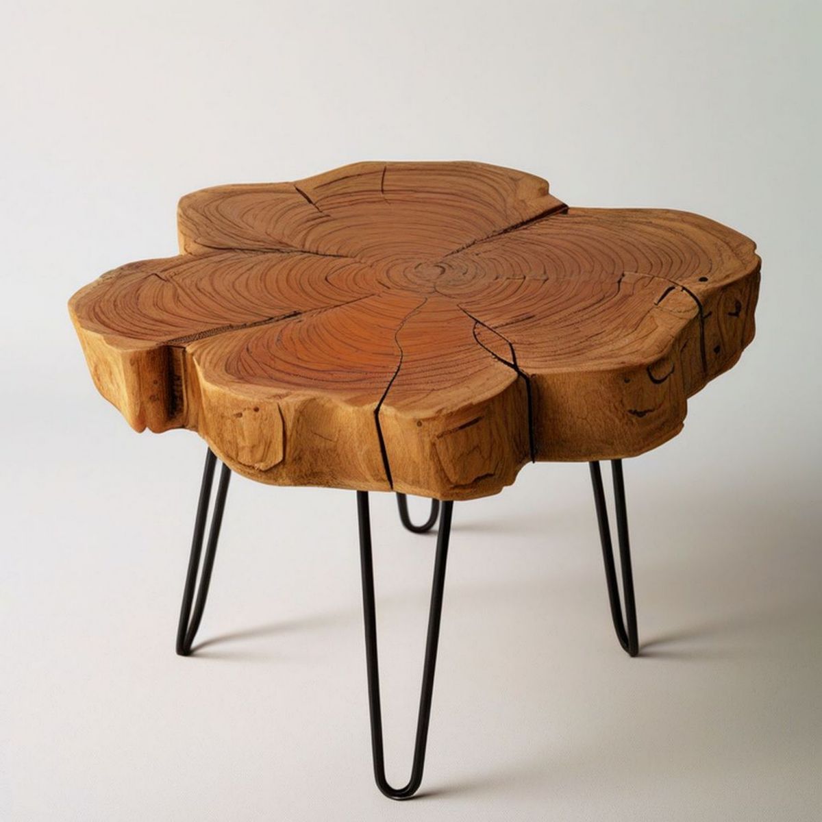 Couchtisch aus Massivholz, 80 x 70 x 42 cm, Naturbraun mit schwarzen Stahlbeinen