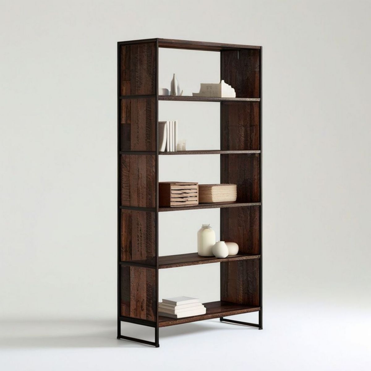 Bücherregal aus massivem Mangoholz und Stahl, 90 x 35 x 200 cm, Dunkelbraun/Schwarz